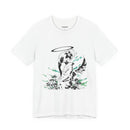 Celestial Oni Silent Bloom anime T-shirt featuring girl in kimono with halo, spider lilies, and purple flame accents