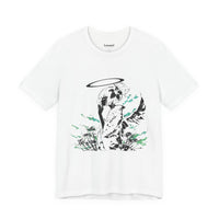 Celestial Oni Silent Bloom anime T-shirt featuring girl in kimono with halo, spider lilies, and purple flame accents