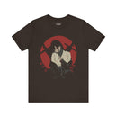 Crimson Silence Aftermath anime T-shirt featuring girl in bloodstained martial outfit with red backdrop and rifles