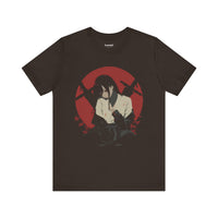 Crimson Silence Aftermath anime T-shirt featuring girl in bloodstained martial outfit with red backdrop and rifles
