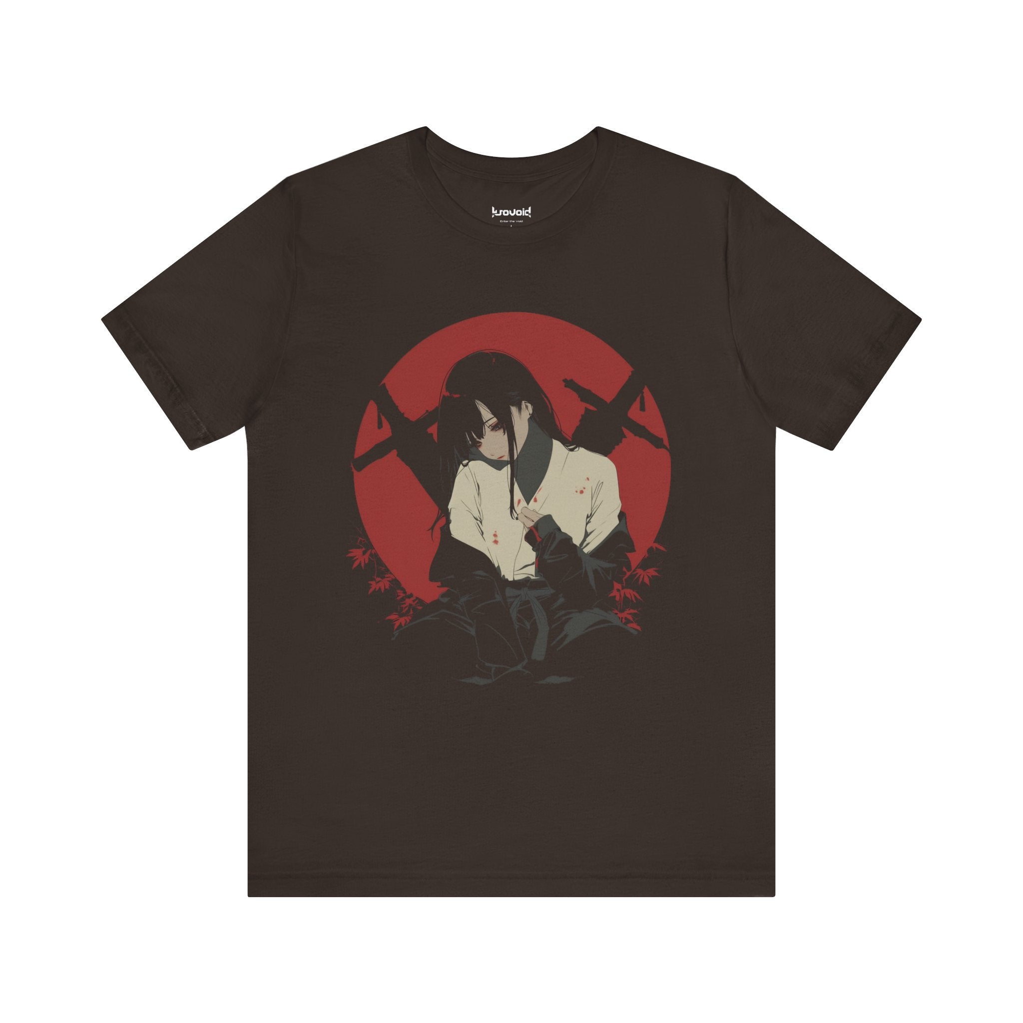 Crimson Silence Aftermath anime T-shirt featuring girl in bloodstained martial outfit with red backdrop and rifles
