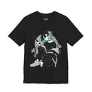 Crimson Silence Smoke Lily anime T-shirt featuring modern assassin girl in streetwear holding smoking handgun with lilies