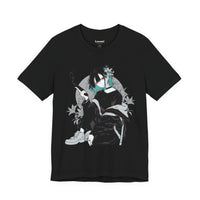 Crimson Silence Smoke Lily anime T-shirt featuring modern assassin girl in streetwear holding smoking handgun with lilies