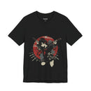 Crimson Silence Blade of Vengeance anime T-shirt featuring girl in black seifuku with dual katanas and red circular backdrop