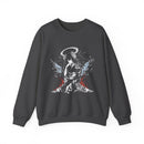 Celestial Oni Blood & Bloom anime sweatshirt featuring horned girl in floral kimono with halo and dramatic splashes