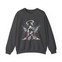 Celestial Oni Blood & Bloom anime sweatshirt featuring horned girl in floral kimono with halo and dramatic splashes