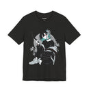 Crimson Silence Smoke Lily anime T-shirt featuring modern assassin girl in streetwear holding smoking handgun with lilies