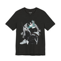 Crimson Silence Smoke Lily anime T-shirt featuring modern assassin girl in streetwear holding smoking handgun with lilies