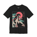 Neon Oni Street Spirit anime T-shirt with horned girl in sneakers, red sun backdrop, and dragon smoke