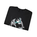 Crimson Silence Smoke Lily anime sweatshirt featuring dual-tone hair girl with handgun and lilies in noir style”