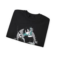 Crimson Silence Smoke Lily anime sweatshirt featuring dual-tone hair girl with handgun and lilies in noir style”