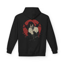 Crimson Silence Aftermath anime hoodie with girl in white and black outfit, bloodstains, and red circle rifle backdropl
