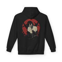 Crimson Silence Aftermath anime hoodie with girl in white and black outfit, bloodstains, and red circle rifle backdropl