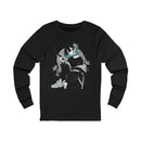 Crimson Silence Smoke Lily anime long sleeve shirt with assassin girl, smoking handgun, teal hair streaks, and lily background