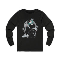 Crimson Silence Smoke Lily anime long sleeve shirt with assassin girl, smoking handgun, teal hair streaks, and lily background