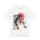 Neon Oni Street Spirit anime T-shirt with horned girl in sneakers, red sun backdrop, and dragon smoke