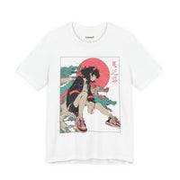 Neon Oni Street Spirit anime T-shirt with horned girl in sneakers, red sun backdrop, and dragon smoke