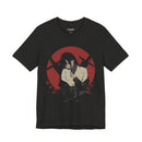 Crimson Silence Aftermath anime T-shirt featuring girl in bloodstained martial outfit with red backdrop and rifles