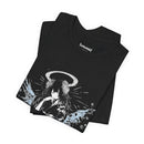 Celestial Oni Blood & Bloom anime T-shirt featuring horned girl in kimono with red and blue abstract splashes