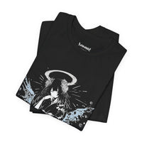 Celestial Oni Blood & Bloom anime T-shirt featuring horned girl in kimono with red and blue abstract splashes