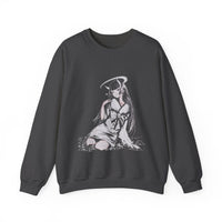 Celestial Oni anime sweatshirt with elegant horned girl sitting pose