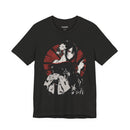 Anime assassin girl in kimono with gun, red sun backdrop, Japanese streetwear design.