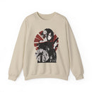 Anime sweatshirt with assassin girl in kimono holding gun, red aesthetic design.