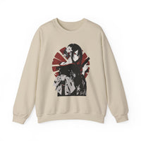 Anime sweatshirt with assassin girl in kimono holding gun, red aesthetic design.