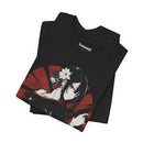 Anime assassin girl in kimono with gun, red sun backdrop, Japanese streetwear design.