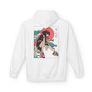 Neon Oni Street Spirit anime hoodie featuring horned girl in jacket and sneakers with neon red sun and dragon smoke