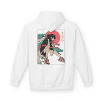 Neon Oni Street Spirit anime hoodie featuring horned girl in jacket and sneakers with neon red sun and dragon smoke