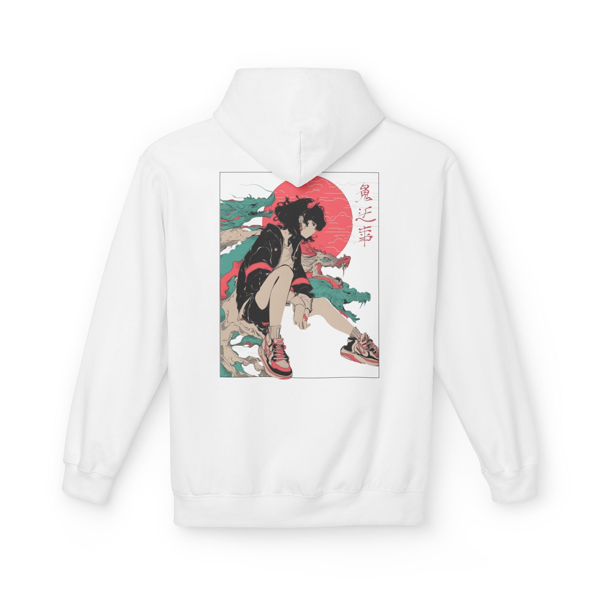 Neon Oni Street Spirit anime hoodie featuring horned girl in jacket and sneakers with neon red sun and dragon smoke