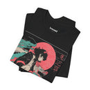 Neon Oni Street Spirit anime T-shirt with horned girl in sneakers, red sun backdrop, and dragon smoke