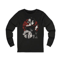 Long sleeve anime tee with kimono assassin girl and red sun Japanese design.