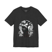 Crimson Silence Black Dahlia anime T-shirt featuring woman in black kimono with handgun and white lilies