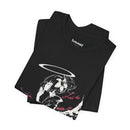 Celestial Oni Silent Bloom anime T-shirt featuring girl in kimono with halo, spider lilies, and purple flame accents