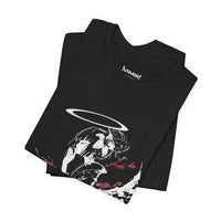 Celestial Oni Silent Bloom anime T-shirt featuring girl in kimono with halo, spider lilies, and purple flame accents