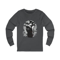 Crimson Silence Black Dahlia anime long sleeve shirt with woman in black kimono, handgun, lilies and circular backdrop