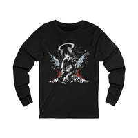 Celestial Oni Blood & Bloom anime long sleeve shirt with horned girl kimono design, red and blue artistic splashes