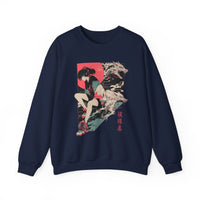 Neon Oni Dragon’s Echo anime sweatshirt with casual girl and dragon spirits, neon red sun background