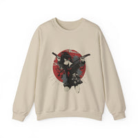 Crimson Silence Blade of Vengeance anime sweatshirt featuring haloed girl with dual swords in front of red Japanese backdrop