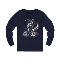 Celestial Oni Silent Bloom anime long sleeve shirt with haloed girl in kimono, spider lilies, and purple accents”