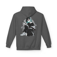 Crimson Silence Smoke Lily anime hoodie with modern girl in oversized jacket, handgun, and lily background