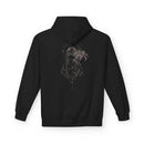 Black anime hoodie with gothic cloaked figure and floral design.
