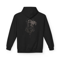 Black anime hoodie with gothic cloaked figure and floral design.