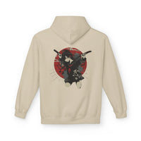 Crimson Silence Blade of Vengeance anime hoodie with schoolgirl warrior holding dual katanas, red backdrop and halo