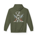Celestial Oni Blood & Bloom anime hoodie with horned girl in kimono, halo and horns, detailed red and blue artwork
