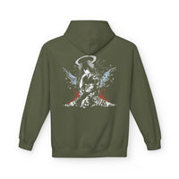 Celestial Oni Blood & Bloom anime hoodie with horned girl in kimono, halo and horns, detailed red and blue artwork