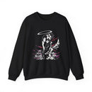 Celestial Oni Silent Bloom anime sweatshirt featuring haloed girl in kimono surrounded by lilies and smoke