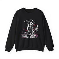 Celestial Oni Silent Bloom anime sweatshirt featuring haloed girl in kimono surrounded by lilies and smoke
